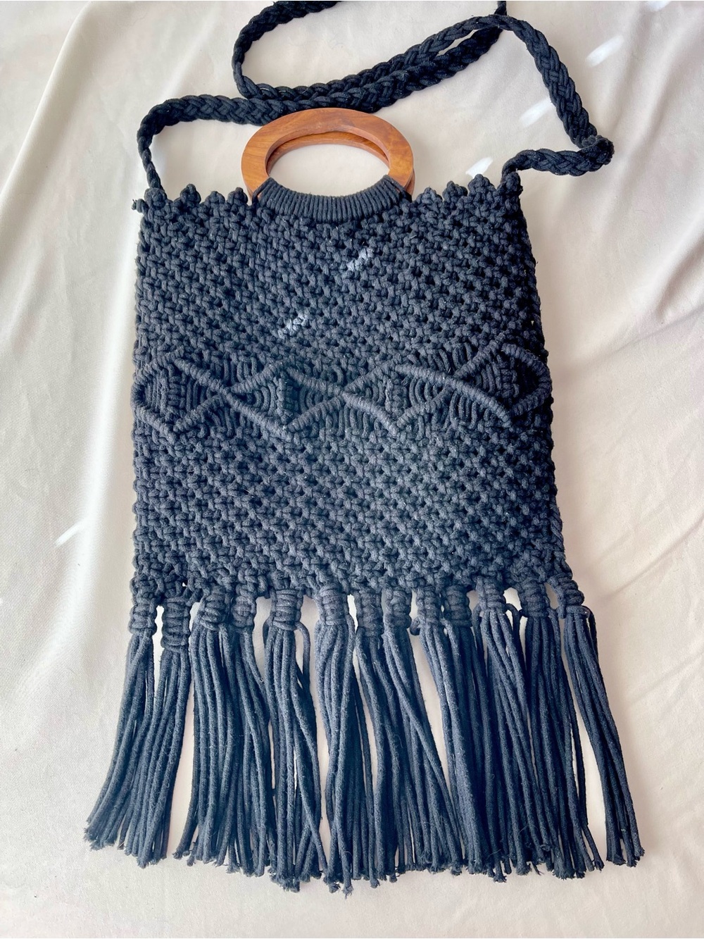 Danielle Nicole Black Macram Fringe Shoulder Bag … - image 1